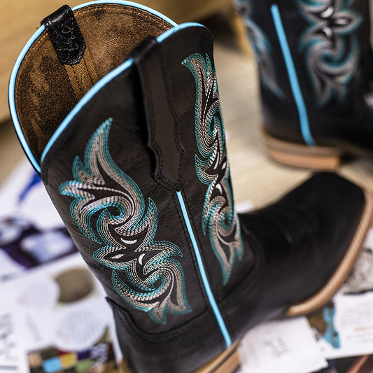 High Quality Black Sheepskin Cowgirl Boots Square Toe