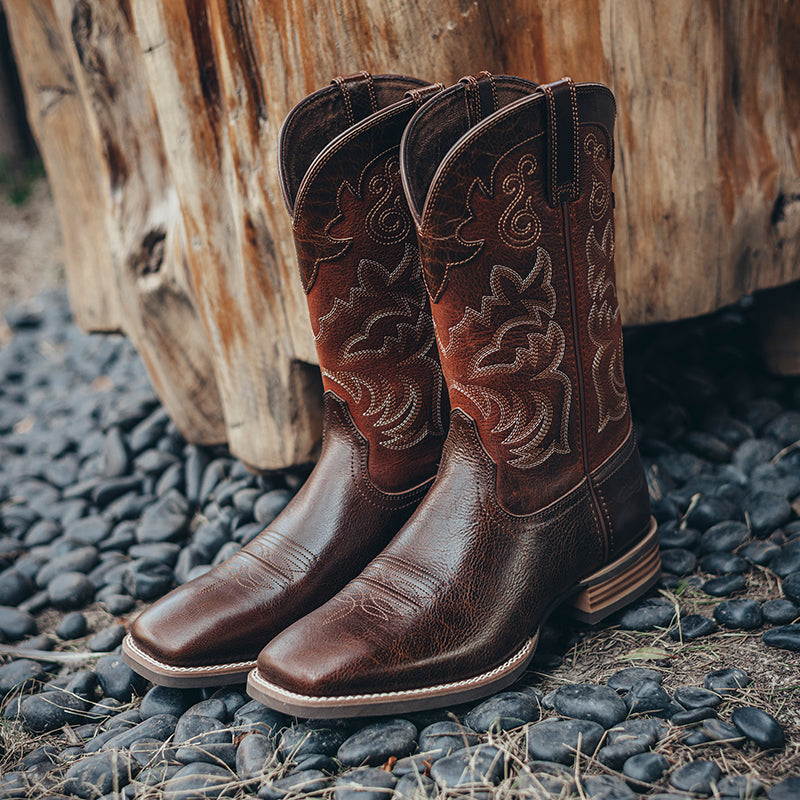 Men’s Western Cowboy Boots Chestnut Leather Classic Square Toe Popular Style