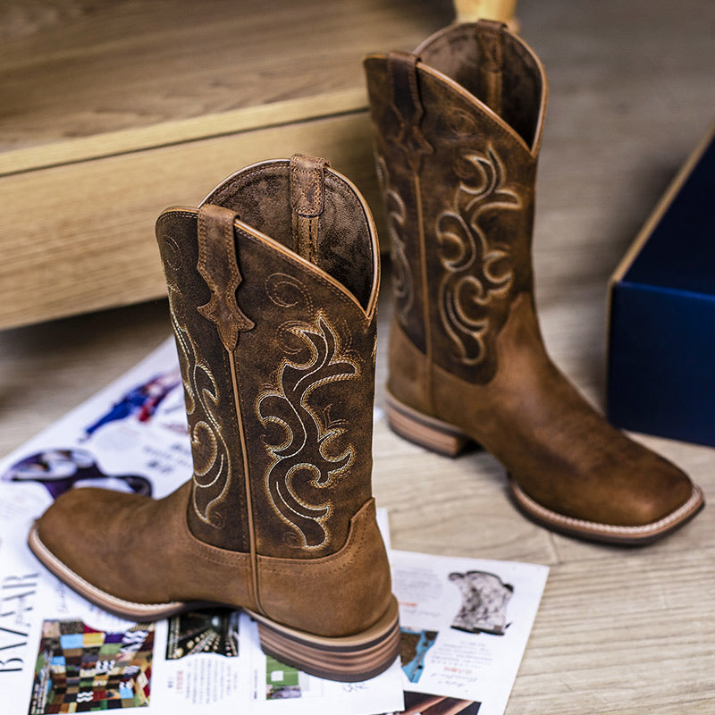 Coffee Brown Women's Cowboy Boots - Stylish Embroidered Roughstock Square Toe