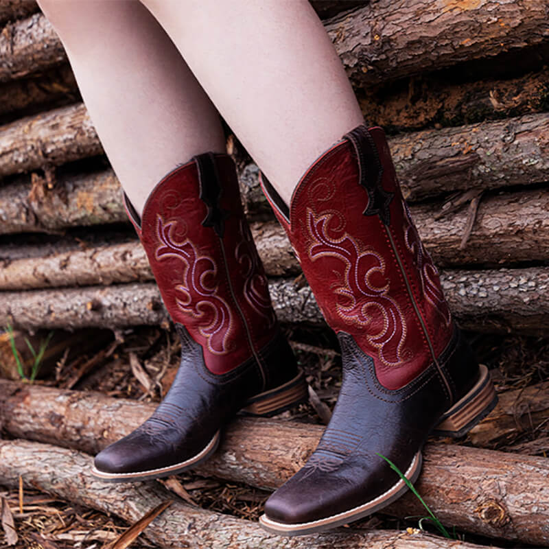 Women’s Square Toe Embroidered Cowboy Boots Wine Red Comfortable Western Boots