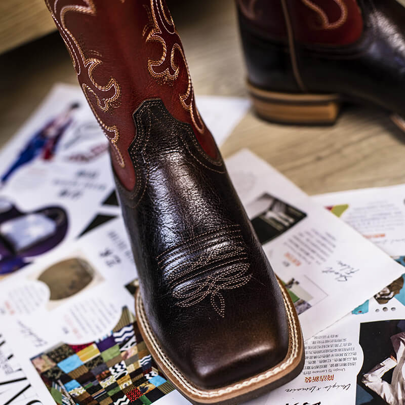 Women’s Square Toe Embroidered Cowboy Boots Wine Red Comfortable Western Boots