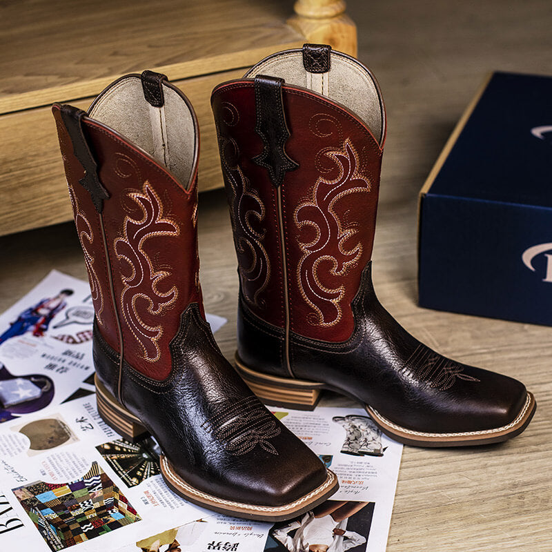 Women’s Square Toe Embroidered Cowboy Boots Wine Red Comfortable Western Boots