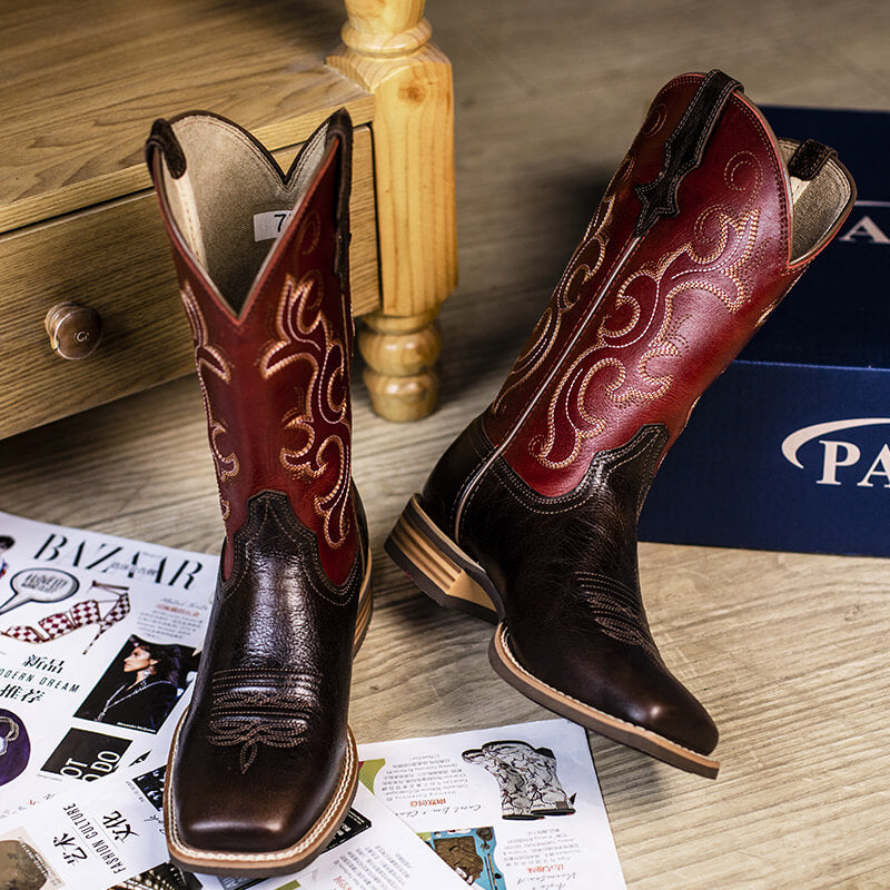 Women’s Square Toe Embroidered Cowboy Boots Wine Red Comfortable Western Boots