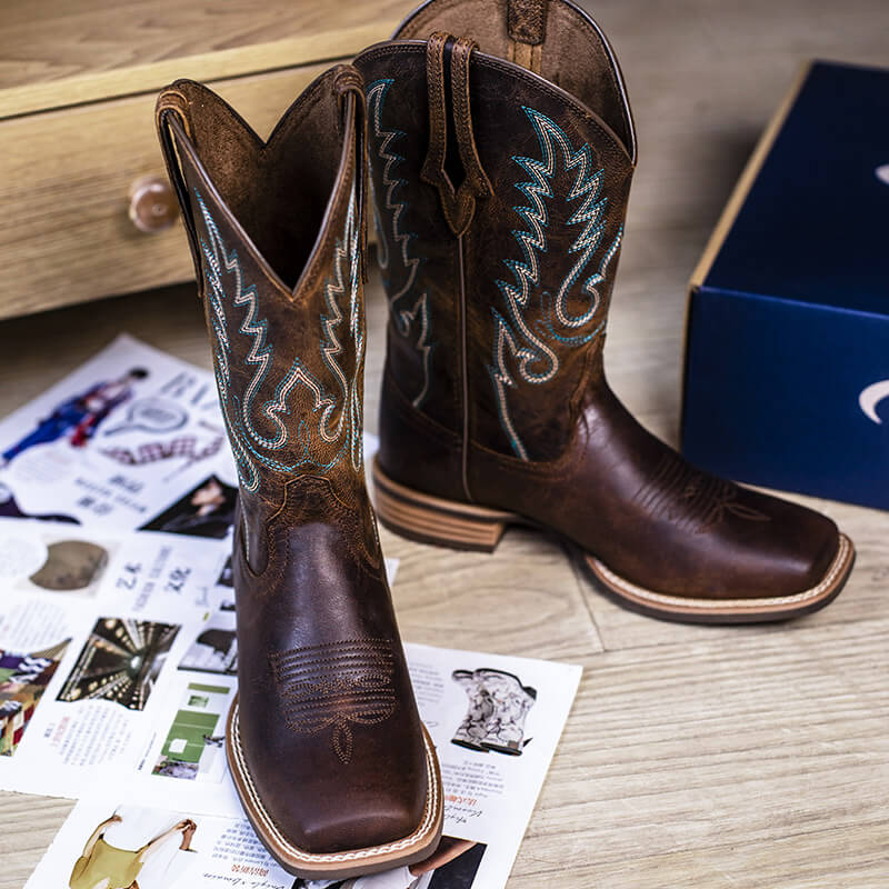 Women’s Wide Calf Western Boots Square Toe Leather Comfort