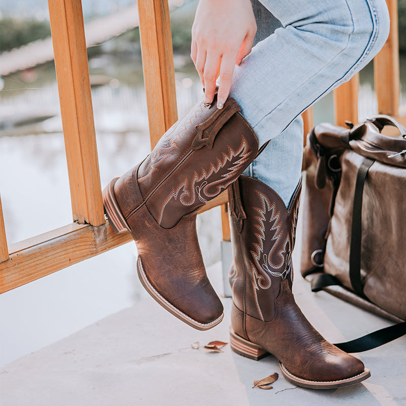 Breathable Women's Square Toe Mid Calf Cowboy Boots with Embroidery