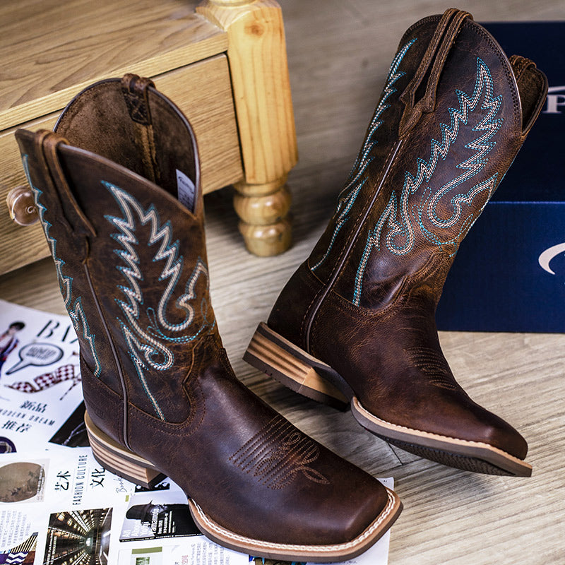 Classic Coffee Brown Sheepskin Western Cowboy Boots For Women