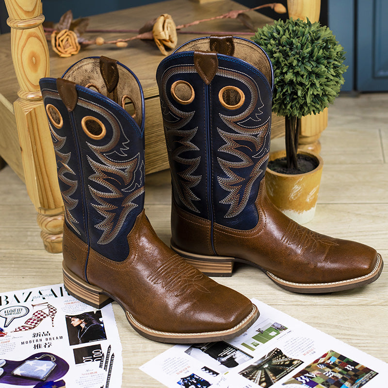 Cowboy Boots For Men Classic Embroidered Pull On Boots Dark Brown