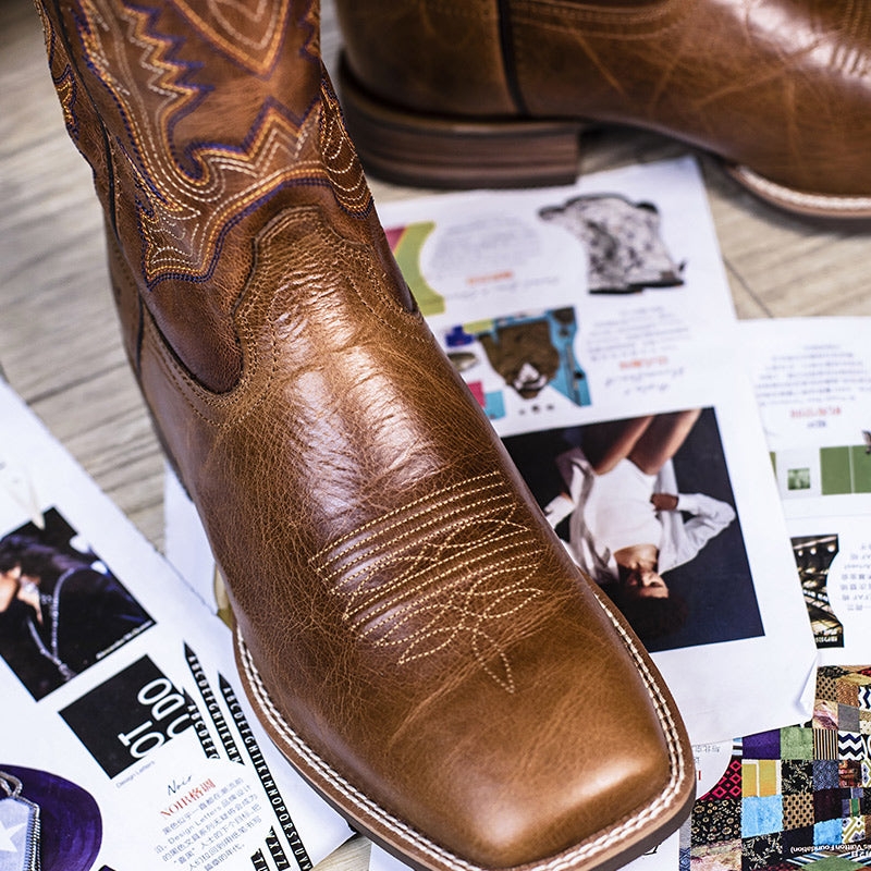 Embroidered Square Toe Western Cowboy Boots For Men