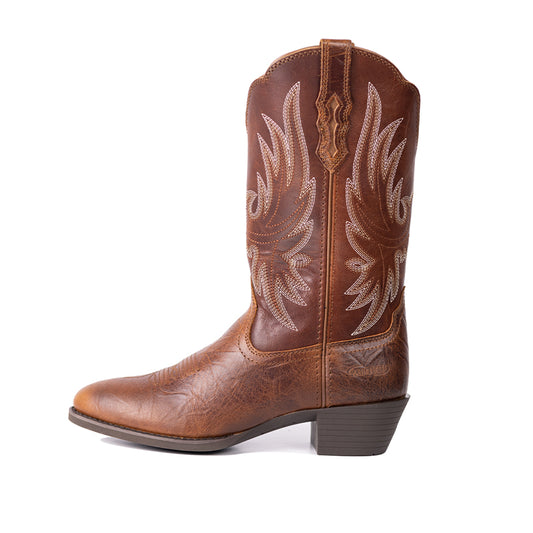Embroidered Western Cowgirl Boots Mid Calf Pointed Toe Chunky Heel Pull-On Boots