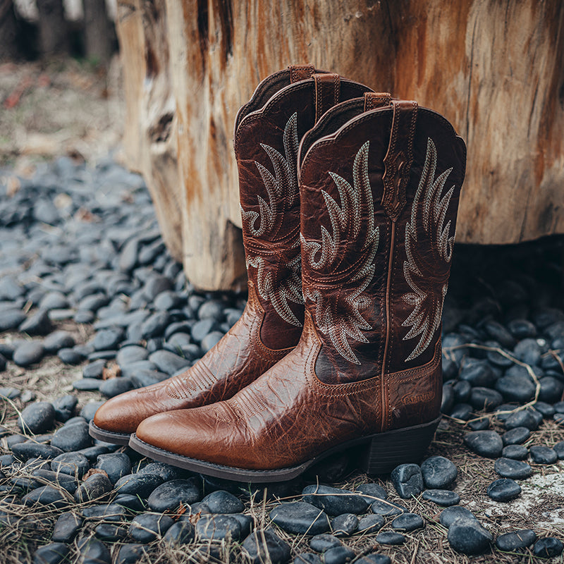 Embroidered Western Cowgirl Boots Mid Calf Pointed Toe Chunky Heel Pull-On Boots
