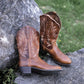 Embroidered Western Cowgirl Boots Mid Calf Pointed Toe Chunky Heel Pull-On Boots