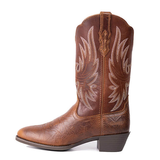 Embroidered Western Cowgirl Boots Mid Calf Pointed Toe Chunky Heel Pull-On Boots