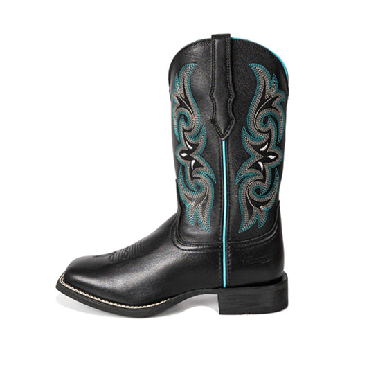 High Quality Black Sheepskin Cowgirl Boots Square Toe