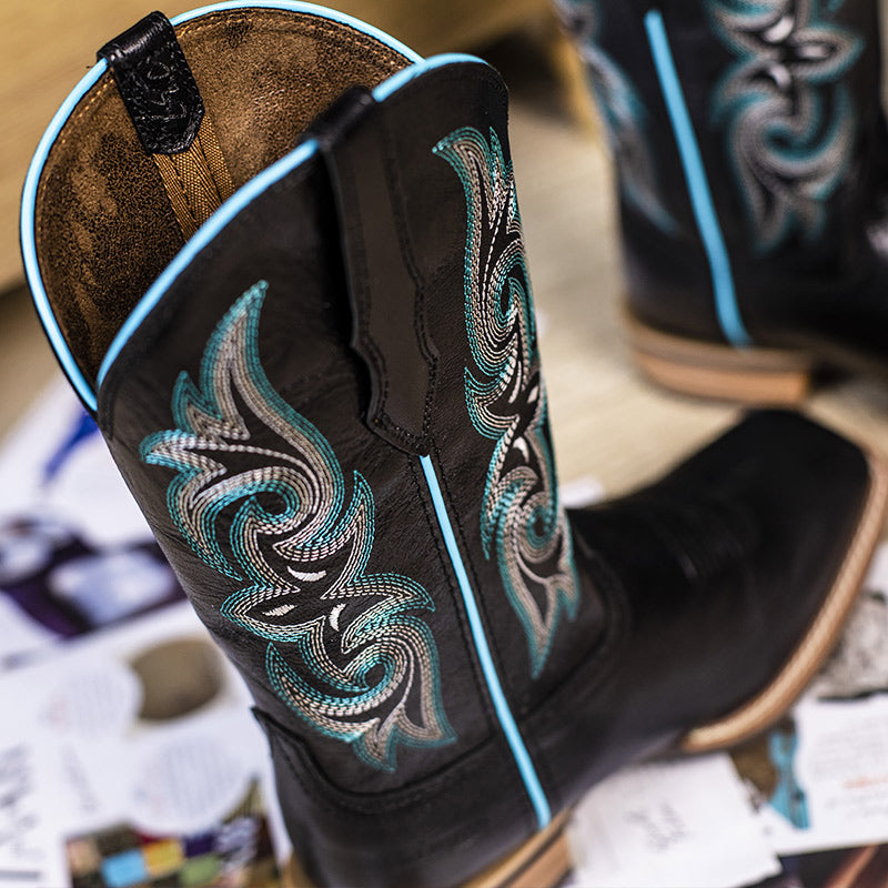 High Quality Black Sheepskin Cowgirl Boots Square Toe
