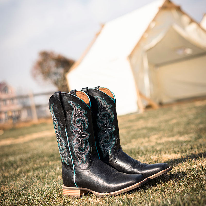 High Quality Black Sheepskin Cowgirl Boots Square Toe