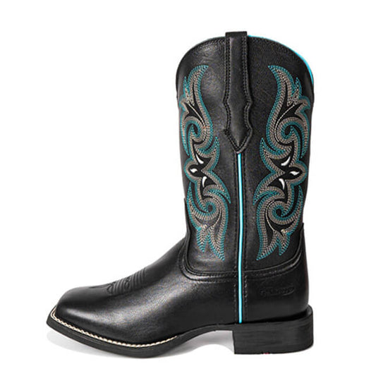 High Quality Black Sheepskin Cowgirl Boots Square Toe