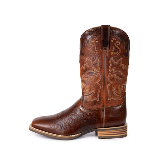 Men’s Western Cowboy Boots Chestnut Leather Classic Square Toe Popular Style