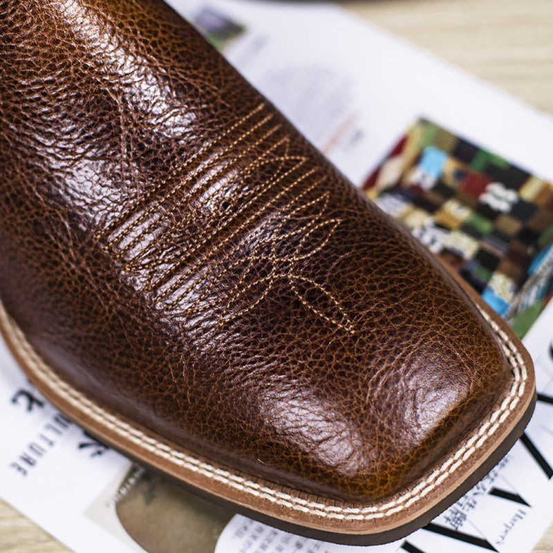 Men’s Western Cowboy Boots Chestnut Leather Classic Square Toe Popular Style