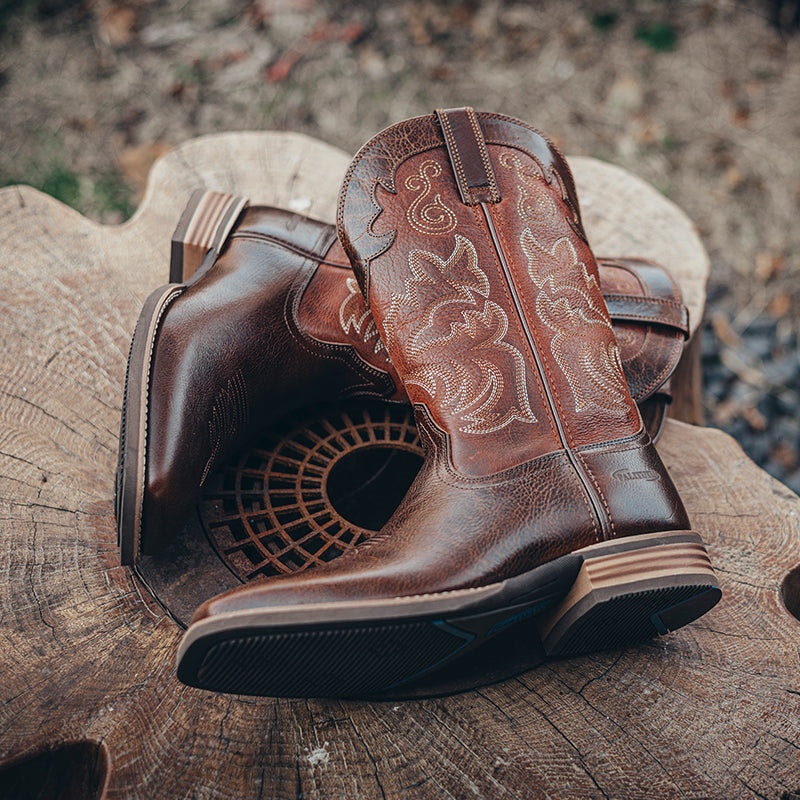 Men’s Western Cowboy Boots Chestnut Leather Classic Square Toe Popular Style