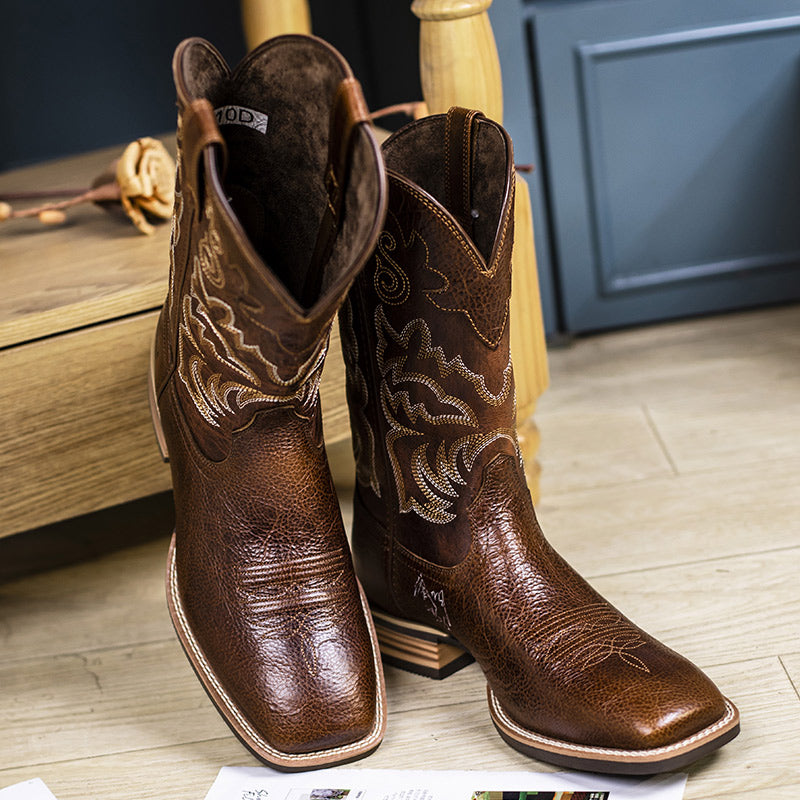 Men’s Western Cowboy Boots Chestnut Leather Classic Square Toe Popular Style
