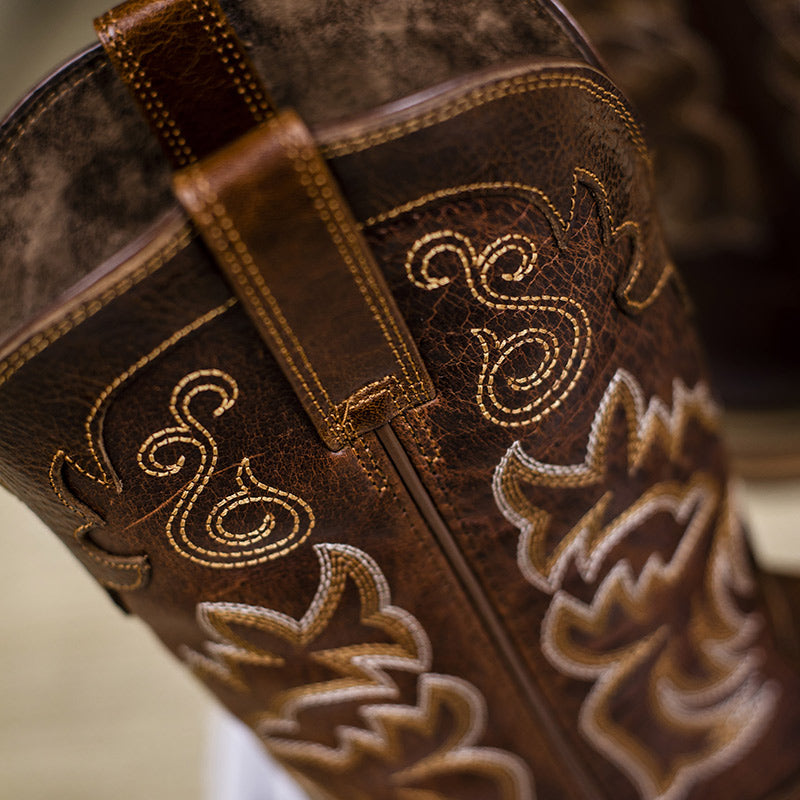 Men’s Western Cowboy Boots Chestnut Leather Classic Square Toe Popular Style