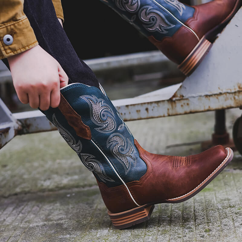 Women’s Western Mid Calf Cowboy Boots Embroidered Full Cowhide Leather