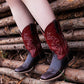 Women’s Square Toe Embroidered Cowboy Boots Wine Red Comfortable Western Boots